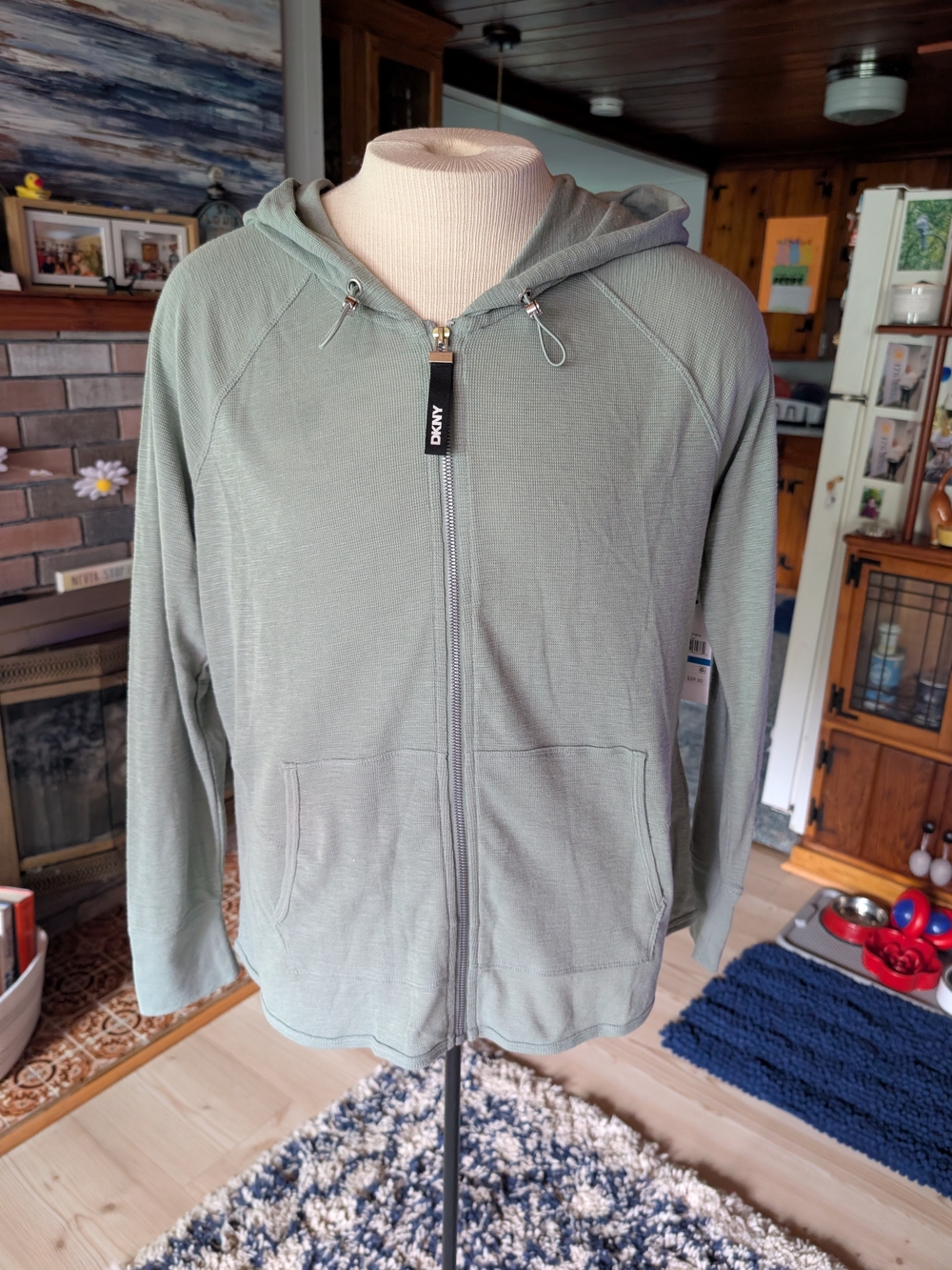 DKNY Women's Sage Green Zip-Up Hoodie Sweater